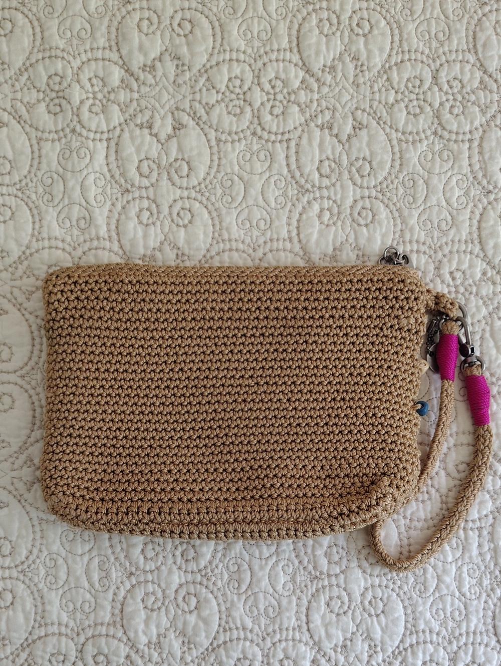 The Sak Sayulita Crochet Wristlet Pouch Purse Boho Wooden Beads Pink Blue - Picture 9 of 15